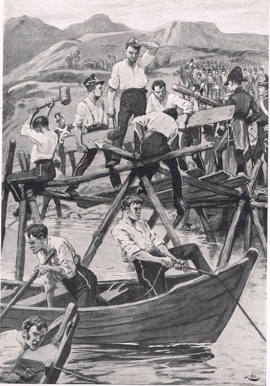 グアディアナに架かる橋の建設、1811年4月3日、「陸と海でのイギリスの戦い」のイラスト、ロンドン、カッセル発行、1910年 作： ゴードンフレデリックブラウン