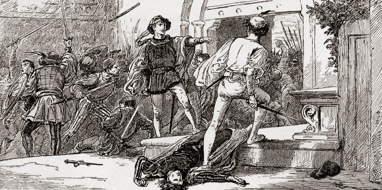 1896年に出版されたウィリアムシェイクスピア作品集からのロミオとロミオのシーン、ロミオとジュリエット、シーンIII、シーン1で殺されたティボルト 作： ゴードンフレデリックブラウン