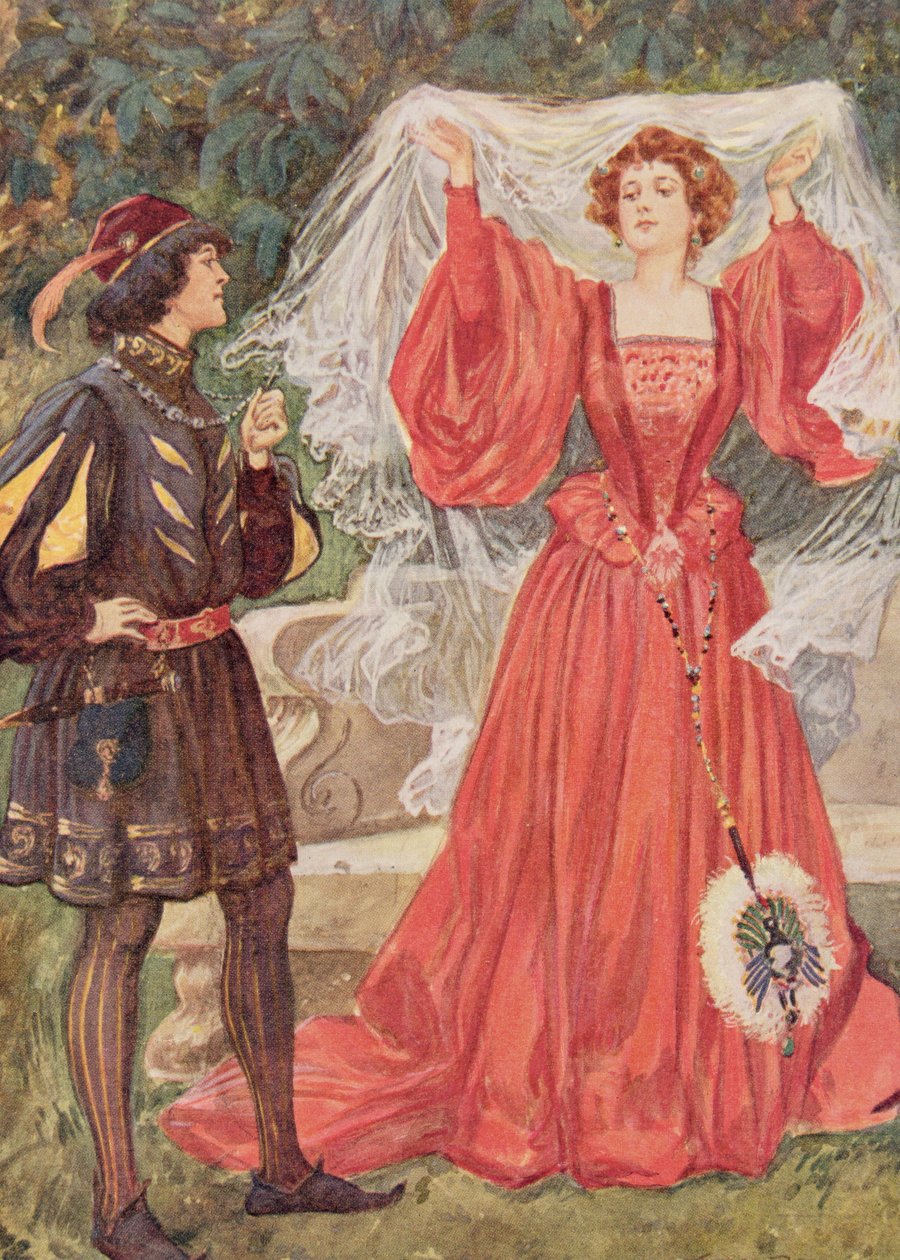 Edith Nesbit（1858-1924）pubによる「シェイクスピアーの子供たちの物語」の12夜のヴィオラとオリビアRaphael Tuck und Sons Ltd.、ロンドン（書籍のイラスト） 作： ゴードンフレデリックブラウン