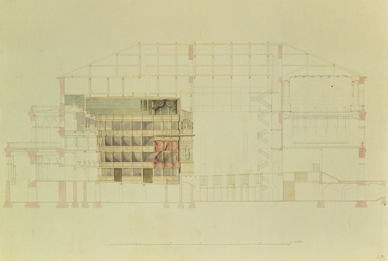 ドレスデン王立劇場の計画、1838年頃（ペンとインク、紙にトイレ） 作： ゴットフリード・ゼンパー