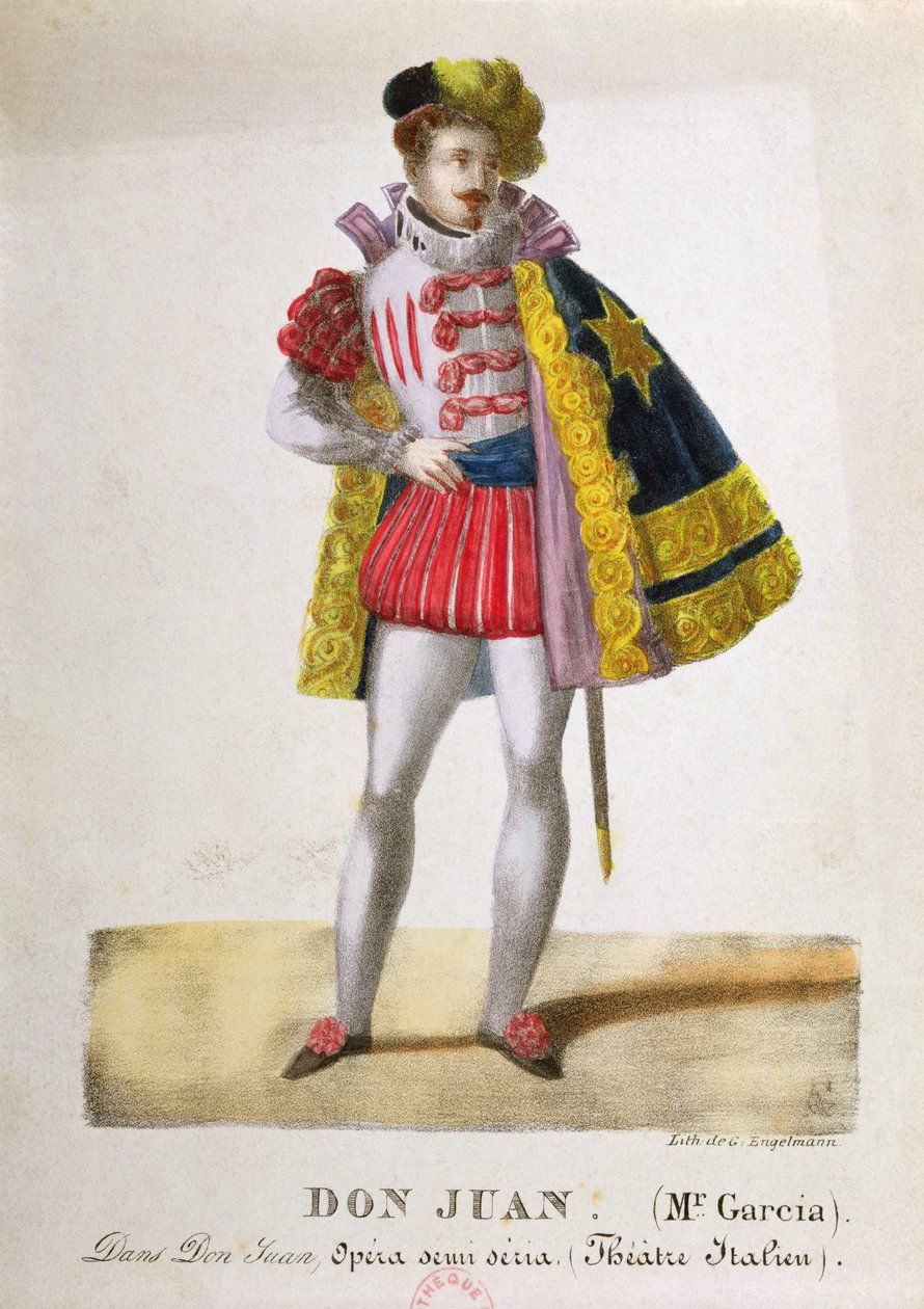 ヴォルフガング・アマデウス・モーツァルト（1756-91）によるオペラ「ドン・ジョバンニ」のドン・ファン役のムッシュ・ガルシアの衣装、c。 1830 作： ゴットフリードまたはゴデフロイエンゲルマン