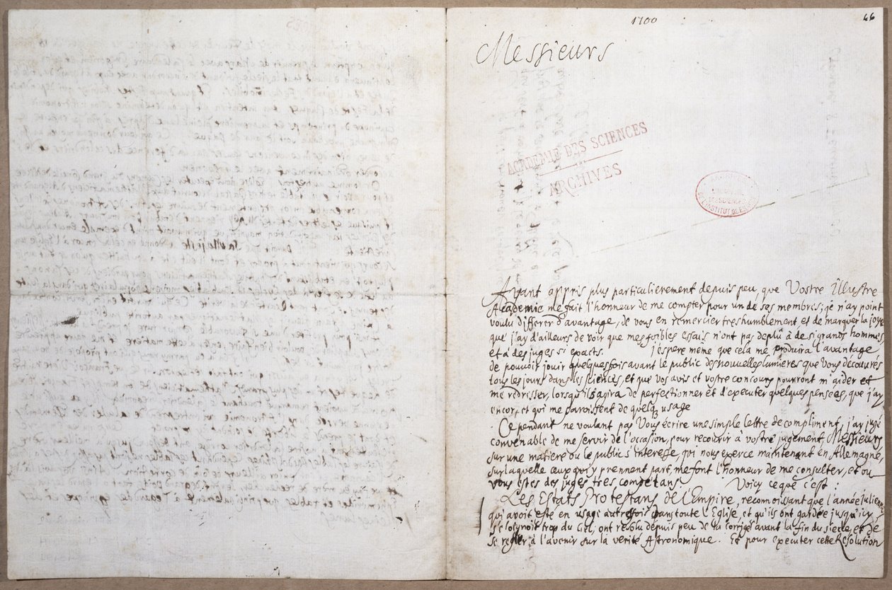 1700年2月8日、パリのアカデミーデサイエンスへの入学許可についてライプニッツが書いた手紙の最初のページ 作： ゴットフリート・ウィルヘルム・ライプニッツ