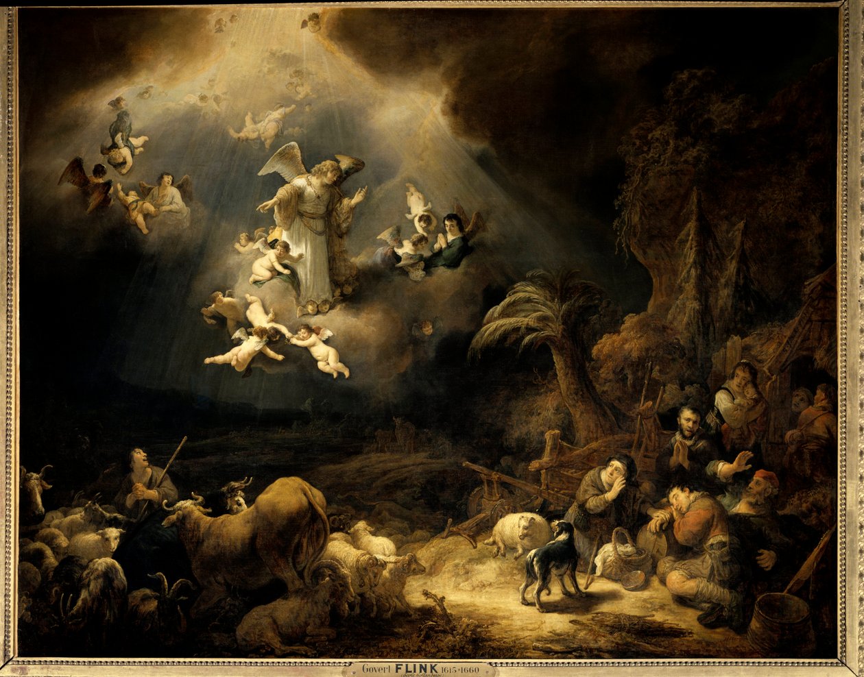 羊飼いたちへのお告げ 絵画 ゴヴァート・フリンク（1615-1660）（ec.flam.）1639年 日。1,6x1,96 m パリ、ルーヴル美術館 作： ゴバート・フリンク
