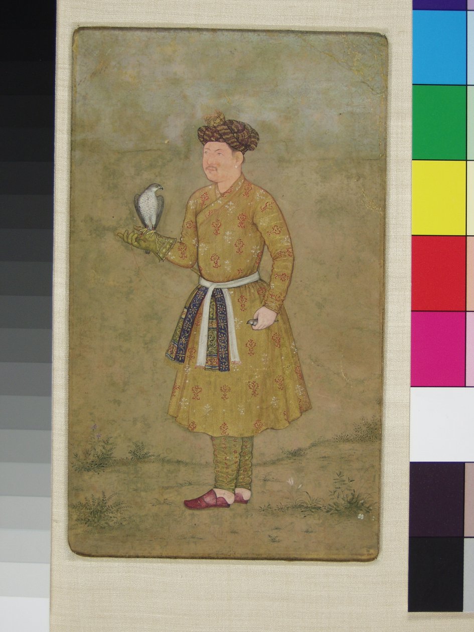 カラムアラム、ムガール帝国のジャハンギール皇帝の鷹匠と彼のイラン大使、ハヤブサ、c.1610-20 作： ゴヴァルダン