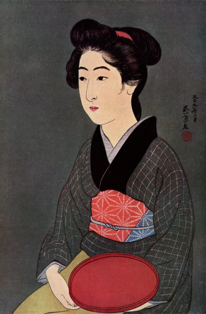 トレイ付きの日本人ウェイトレス、1920年1930年。 作： 橋口五葉