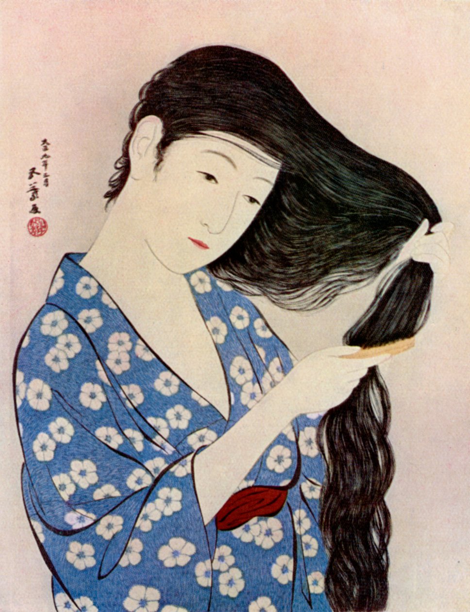 1920年、1930年、髪をとかす日本人女性。 作： 橋口五葉