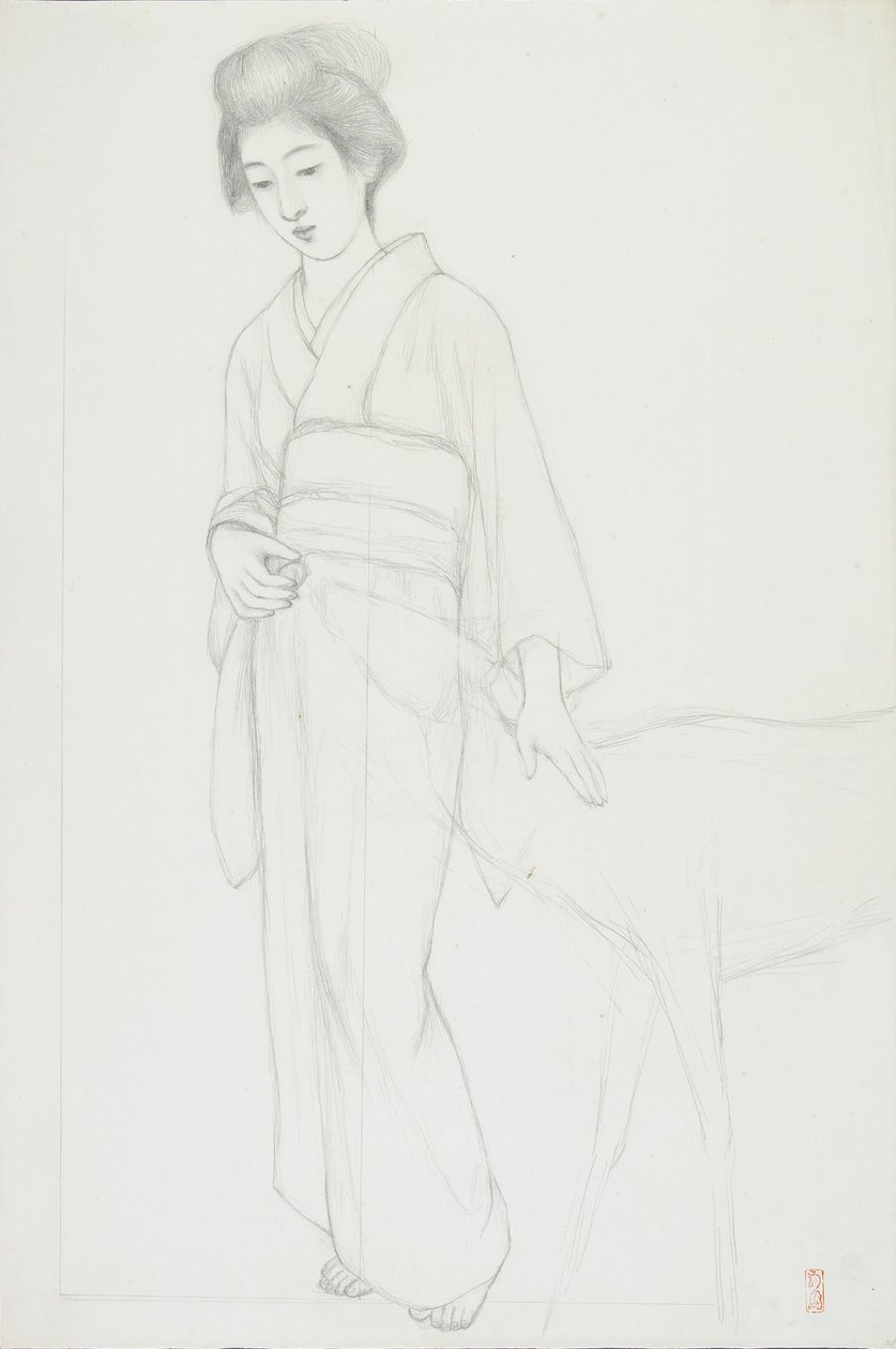 鹿をなでる女性の絵 作： 橋口五葉