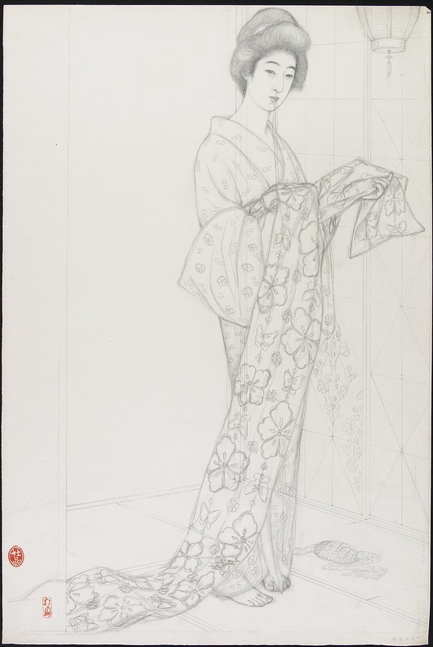 日本人 女性 着物姿 (鉛筆画)