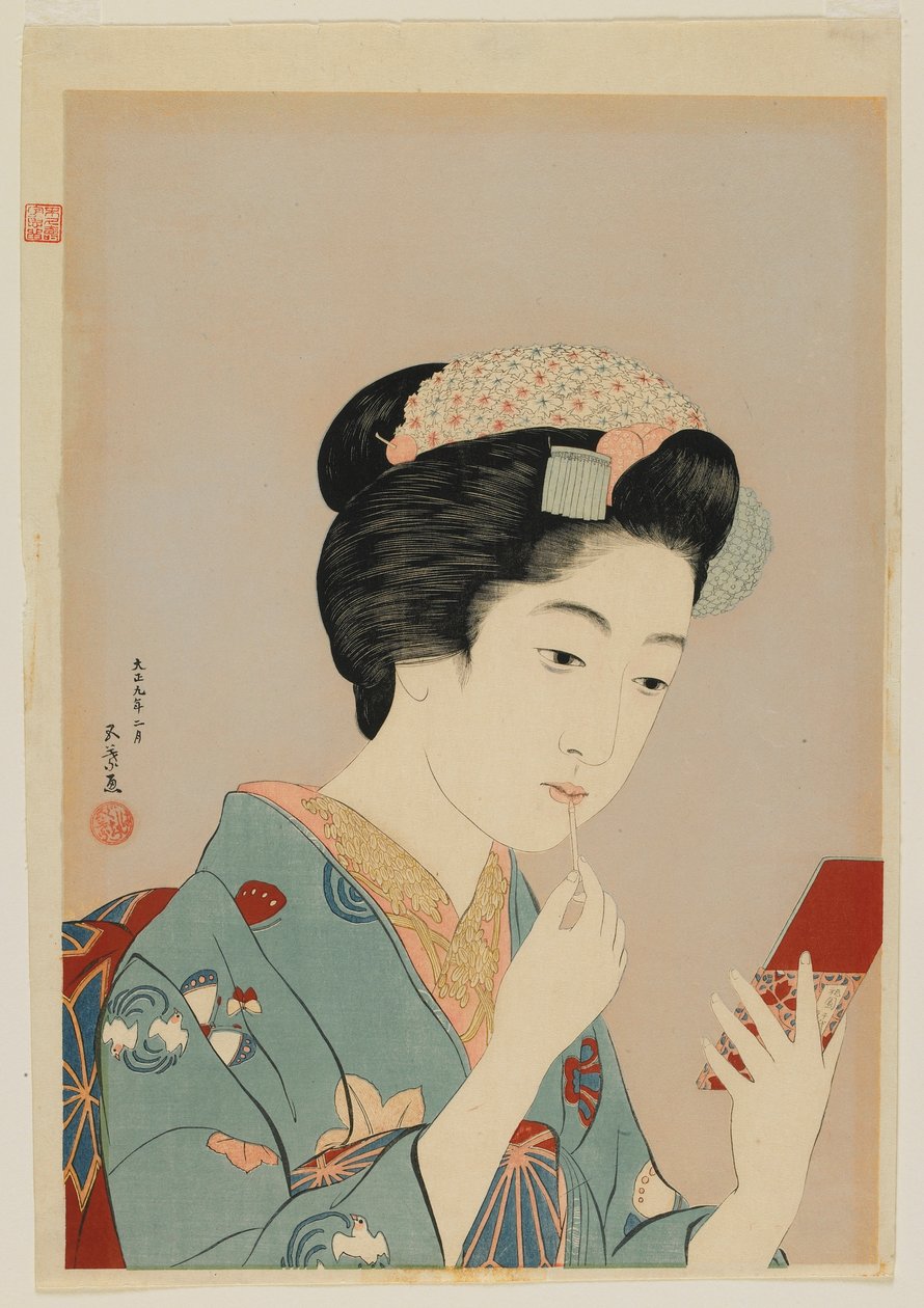 1920年2月大正時代リップルージュを塗る女性（色木版画） 作： 橋口五葉