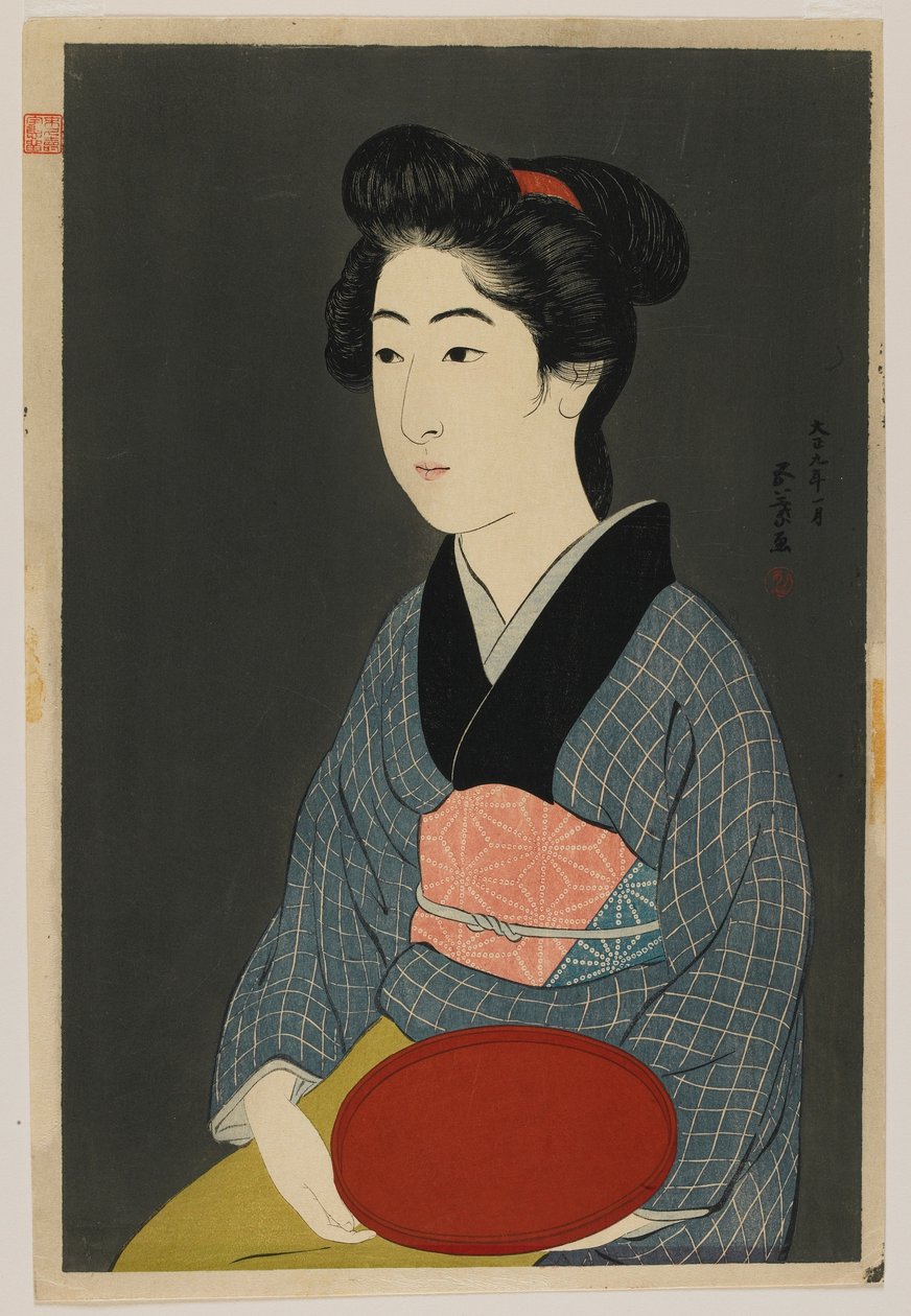 1920年1月大正時代皿を抱える女（色木版画） 作： 橋口五葉