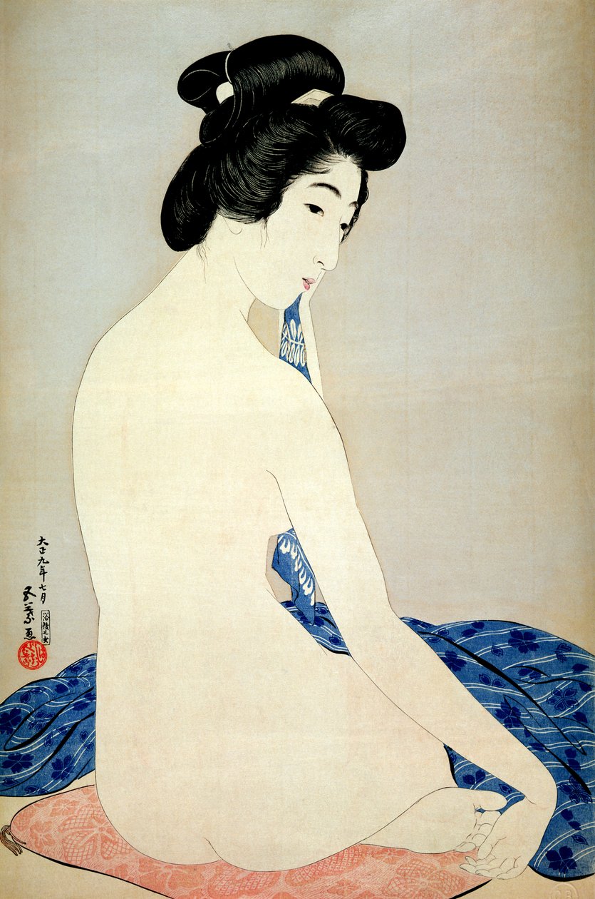 入浴後の女性、渡辺章三郎、1920年発行（カラー木版） 作： 橋口五葉