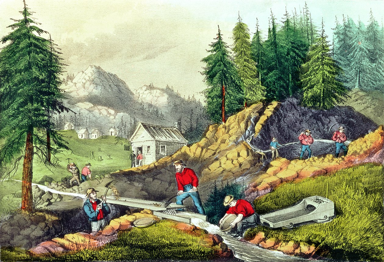 カリフォルニアの金鉱業、Currier und Ives、1861から発行（166069と32910も参照） 作： グラフトン・タイラー・ブラウン