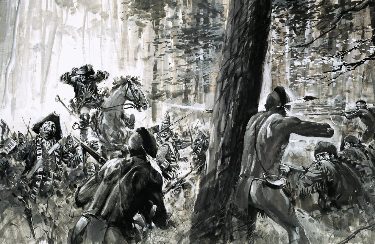1765年、エドワード・ブラドック将軍はフランス兵と獰猛なカナダ・インディアンの待ち伏せに遭った。 作： グラハム・コトン