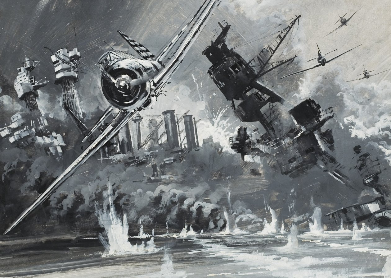 真珠湾、1941年12月7日（紙にガッシュ） 作： グラハム・コトン