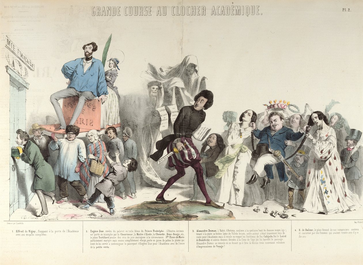 「Grande Course au Clocher Academique」、1839年のフランス研究所の風刺画（218694も参照）（カラー彫刻） 作： グランドビル