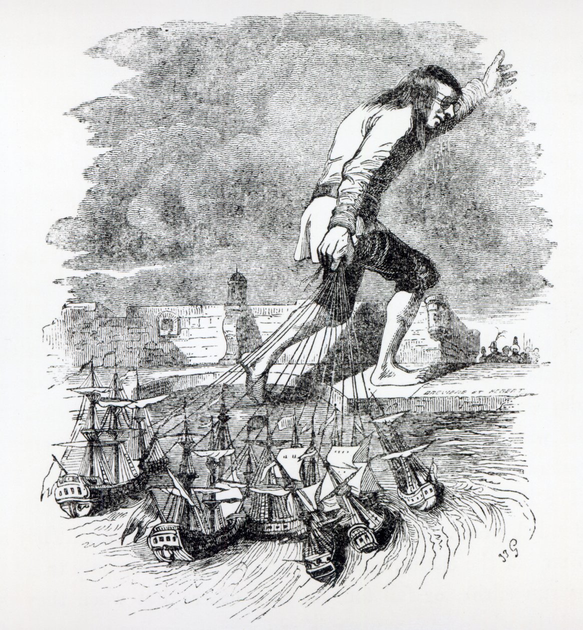 ブレファスク艦隊を盗んだガリバー、ジョナサンスイフト作「ガリバー旅行記」（1838年）のイラスト 作： グランドビル