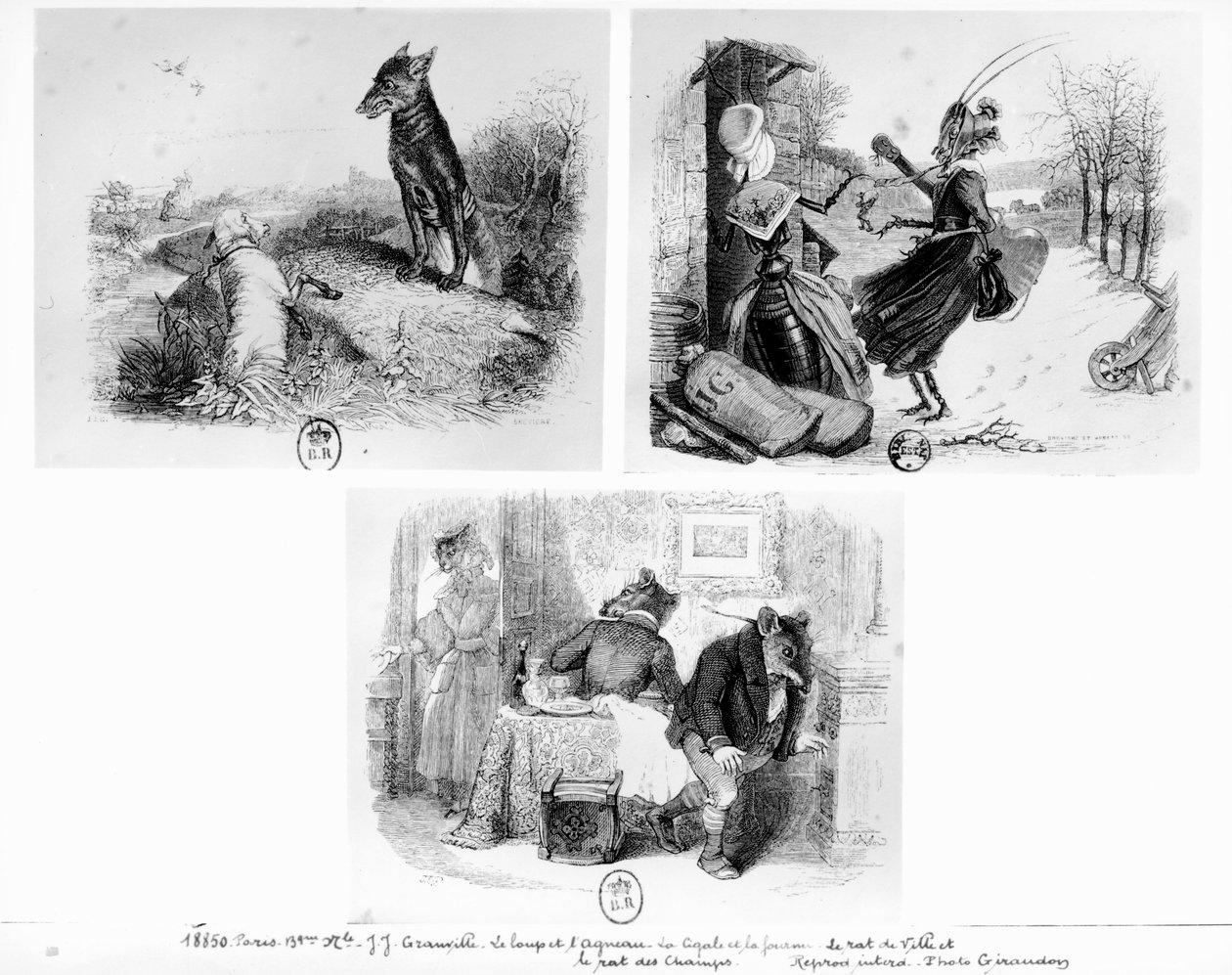 ジャン・ド・ラ・フォンテーヌ作「寓話」（1621-95）の「狼と羊」、「蝉と蟻」、「市のネズミと田舎のネズミ」の挿絵 作： グランドビル