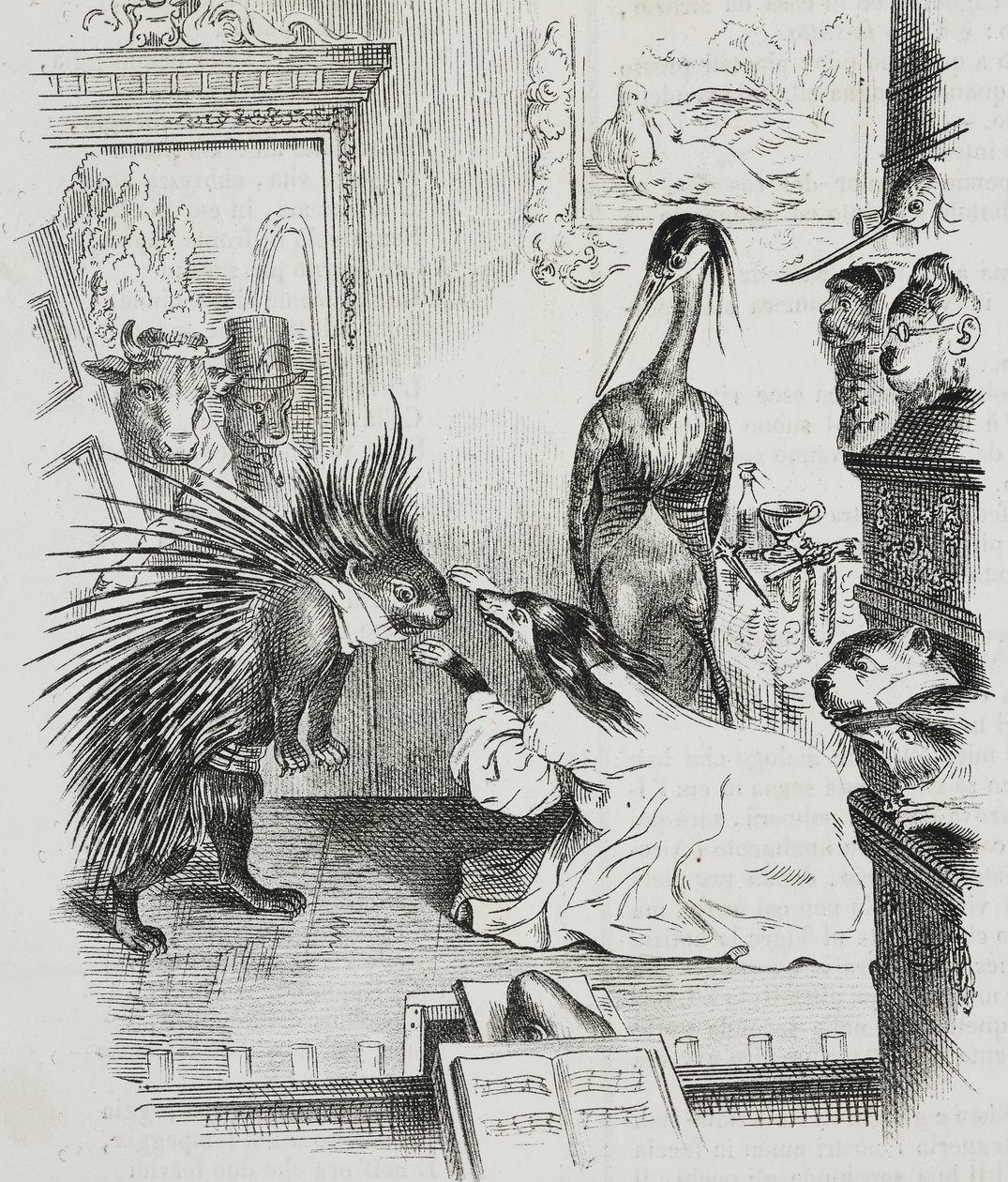 犬とヤマアラシ（Jean-Jacques Grandville (1803-1847)による風刺画、Giovanni Marianiによるリトグラフ（『Piorama Pittoresco』n 38, 4月30日より 作： グランドビル