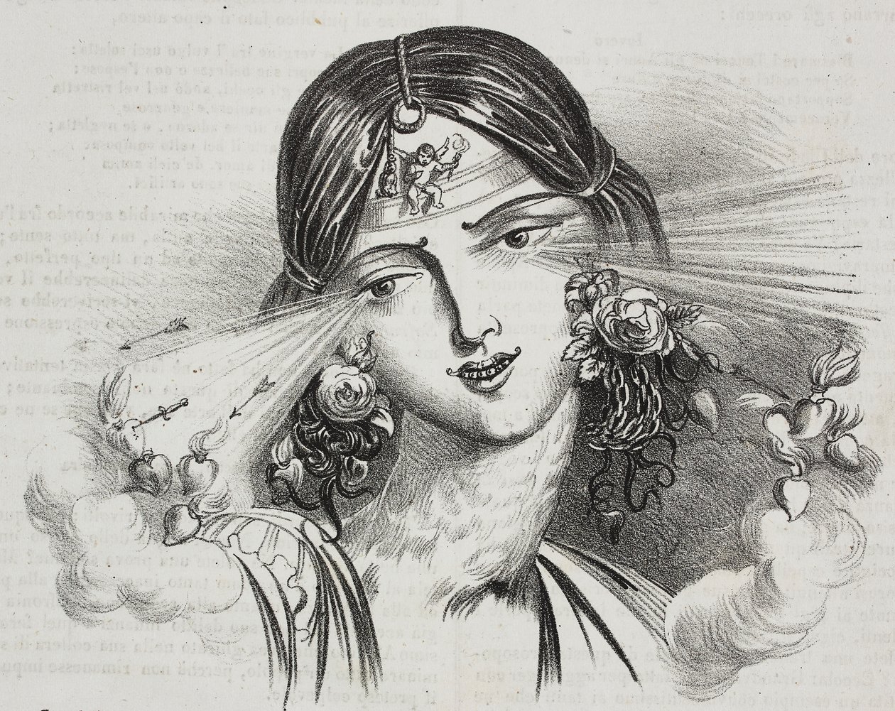 女性の美しさを描いた風刺画（Jean-Jacques Grandville（1803-1847）作）、Gaetano Riccioによるリトグラフ（『Piorama Pittoresco』n20、12月24日より 作： グランドビル