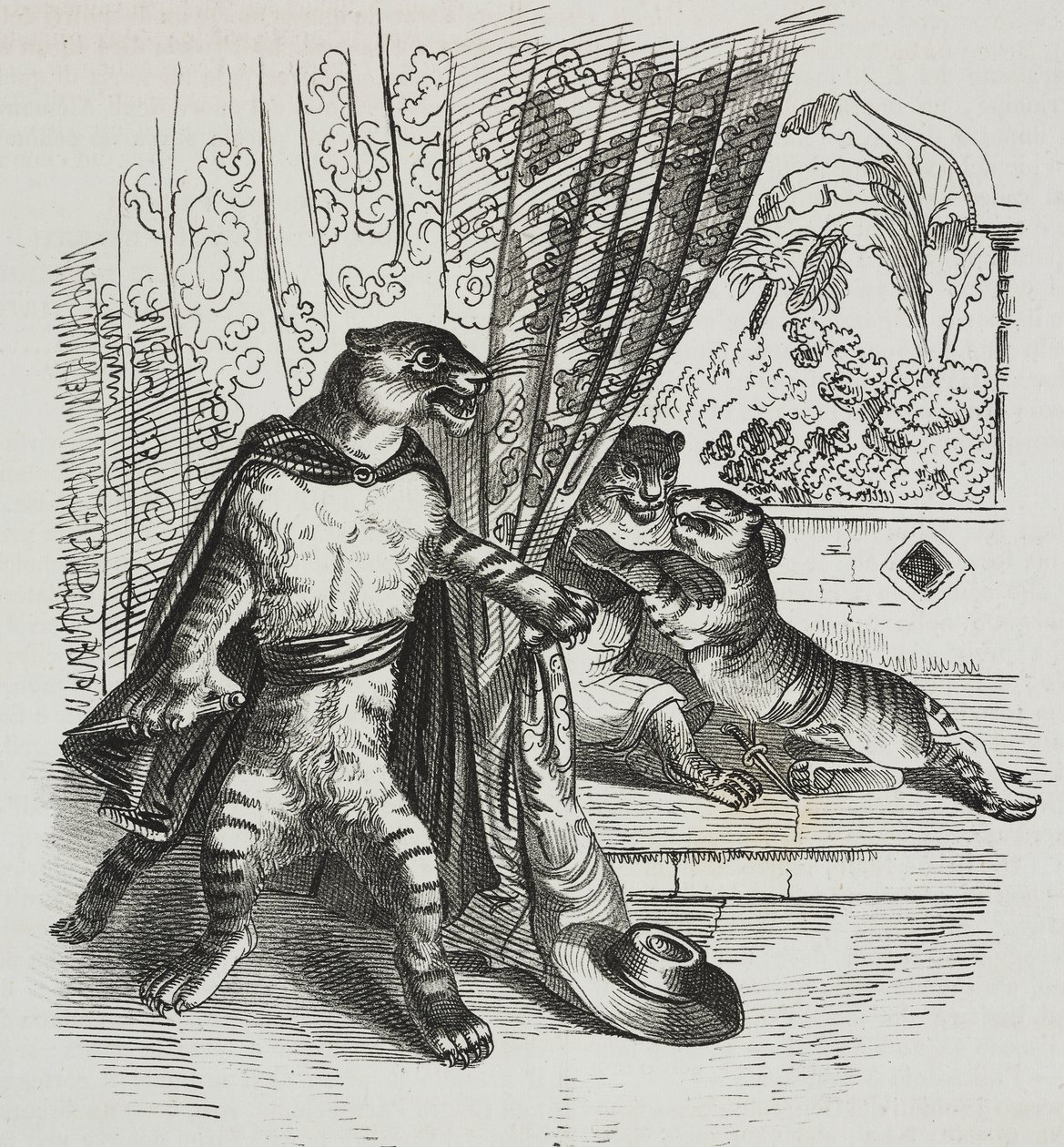 短剣を持って進む虎、ジャン＝ジャック・グランドヴィル（1803-1847）の風刺画、ガエターノ・リッチョのリトグラフ（『Piorama Pittoresco』n 39, 5月7日より 作： グランドビル