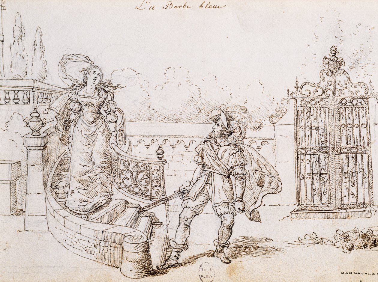 シャルル・ペロー（1628-1703）の童話「青ひげ」の挿絵、グランビル（1803-1847）の版画 作： グランドビル