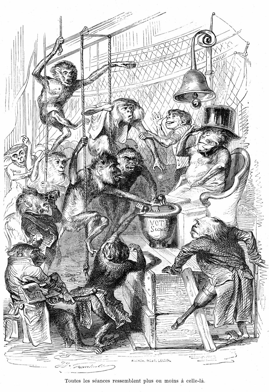 漫画La Chambre des Deputes vue comme un Palais des Monpes - Grandvilleによるエングレーヴィング、"Les animaux painted pa them memes", Hetzel edition 1867 p. 566 - Chapter entitled "Tablets of the Gira". 作： グランヴィル (1803-47)