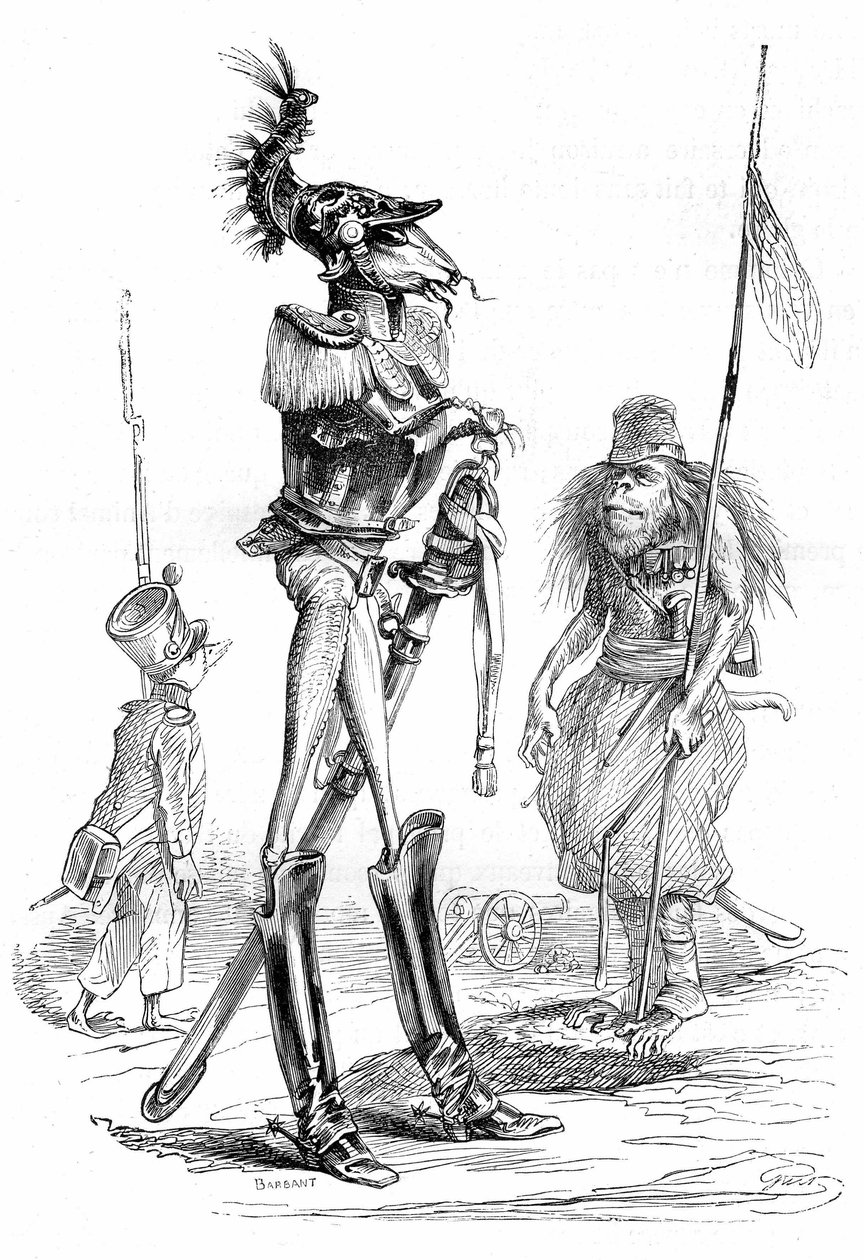 動物の漫画 - 兵隊：Grandville engraving, extracted from the book Private and Public Life of Animals ("Les animaux ints par eux memes"), Hetzel edition 1867 p. 561 - Chapter entitled "Tablets of the Giraffe", written by Charles Nodier.抜粋 作： グランヴィル (1803-47)