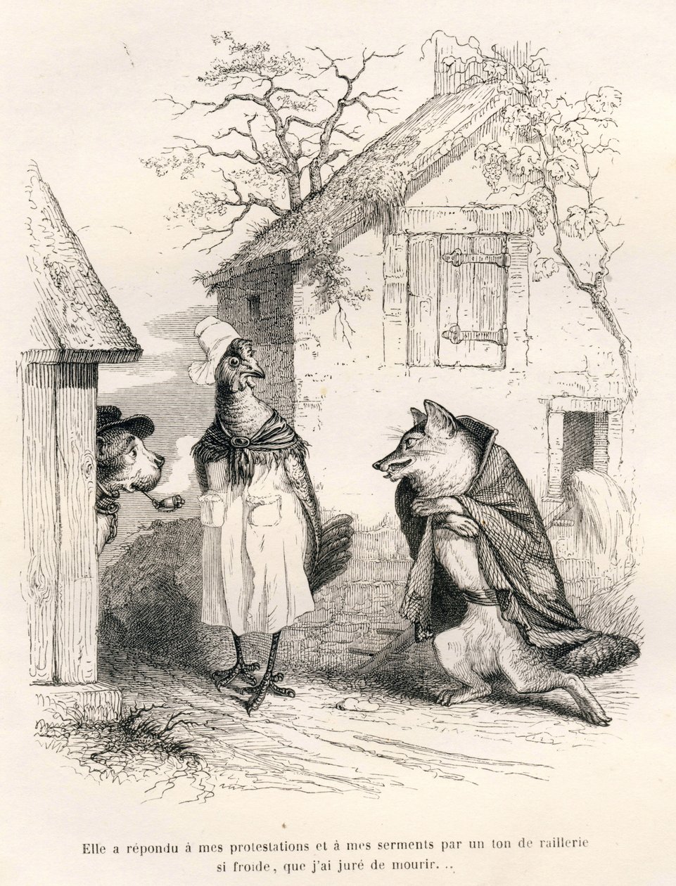 犬と雌鳥と狐の会話。JJ Granvilleが描いたヴィネット。シャルル・ノディエが "Scenes de la vie privee et publique des animaux "の中で書いた "Un renard pris au piege "という部分にゴダールのサインが入ったエングレーヴィング。パリ、J.H 作： グランドビル