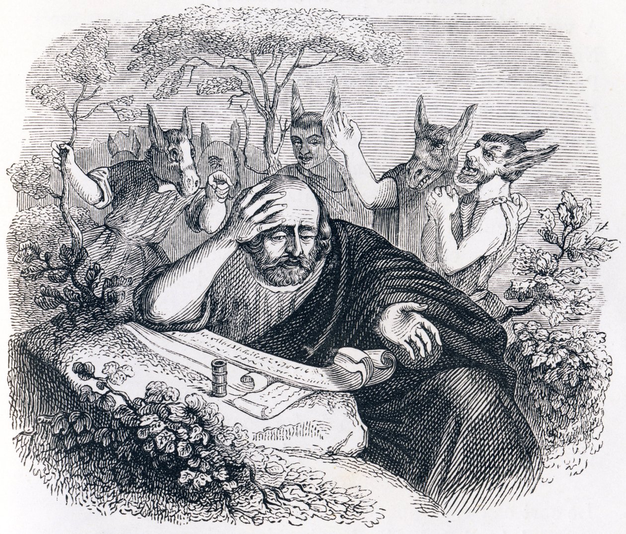 デモクリット（紀元前460～370年）.とアブデリタン。ヒポクラテスからの手紙） - ラ・フォンテーヌの寓話 作： グランドビル