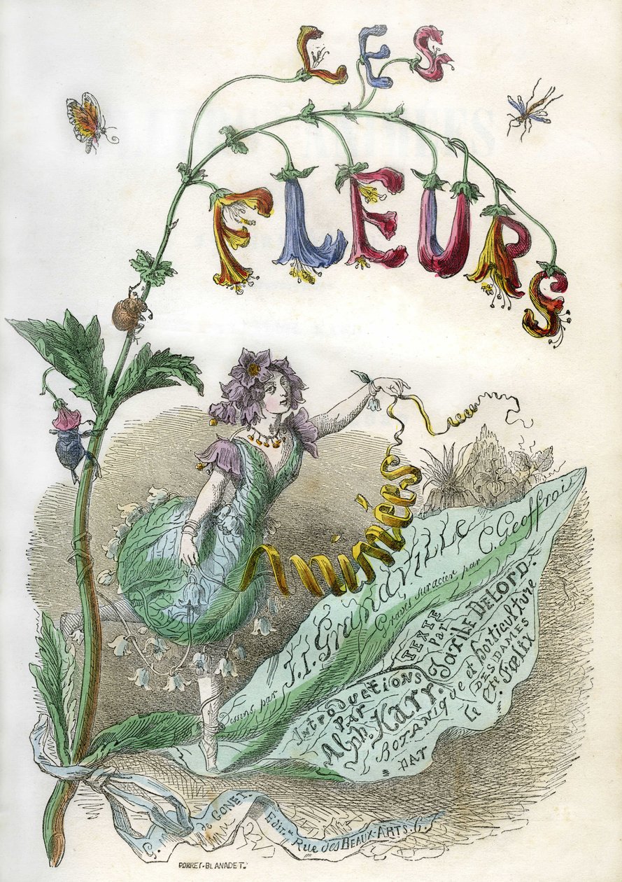 グランヴィルによる挿絵本「Les Fleurs animees」の扉絵、ステンシルによる彩色エングレーヴィング。ゴネ版1857年 作： グランヴィル (1803-47)
