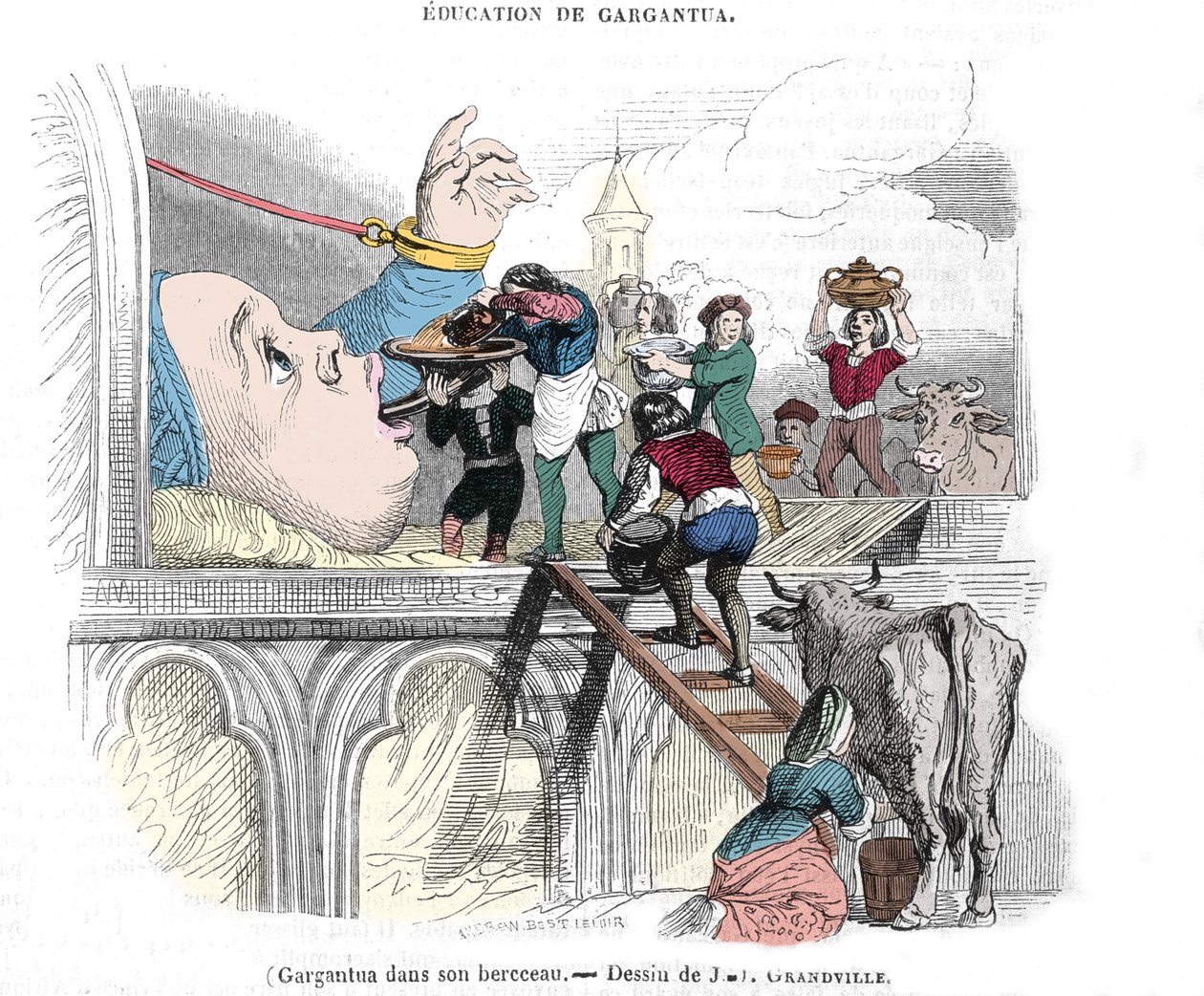 フランスの作家、フランソワ・ラブレー（1483-1553）の小説に登場するキャラクター、ガルガンチュア。"ガルガンチュアの教育」 揺りかごの中のガルガンチュア（Gargantua）。ジェラール・グランドヴィル（1803-1847）によるイラスト 19世紀 作： グランドビル