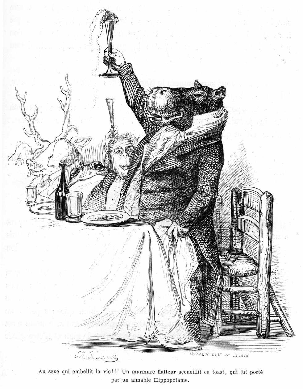 Grandville engraving, from the book Private and Public Life of Animals (Les animaux ints par eux memes), edition Hetzel 1867 - 宴会の席で、グラスを掲げて乾杯するカバ。伝説：人生を美化するセックス！ 作： グランヴィル (1803-47)