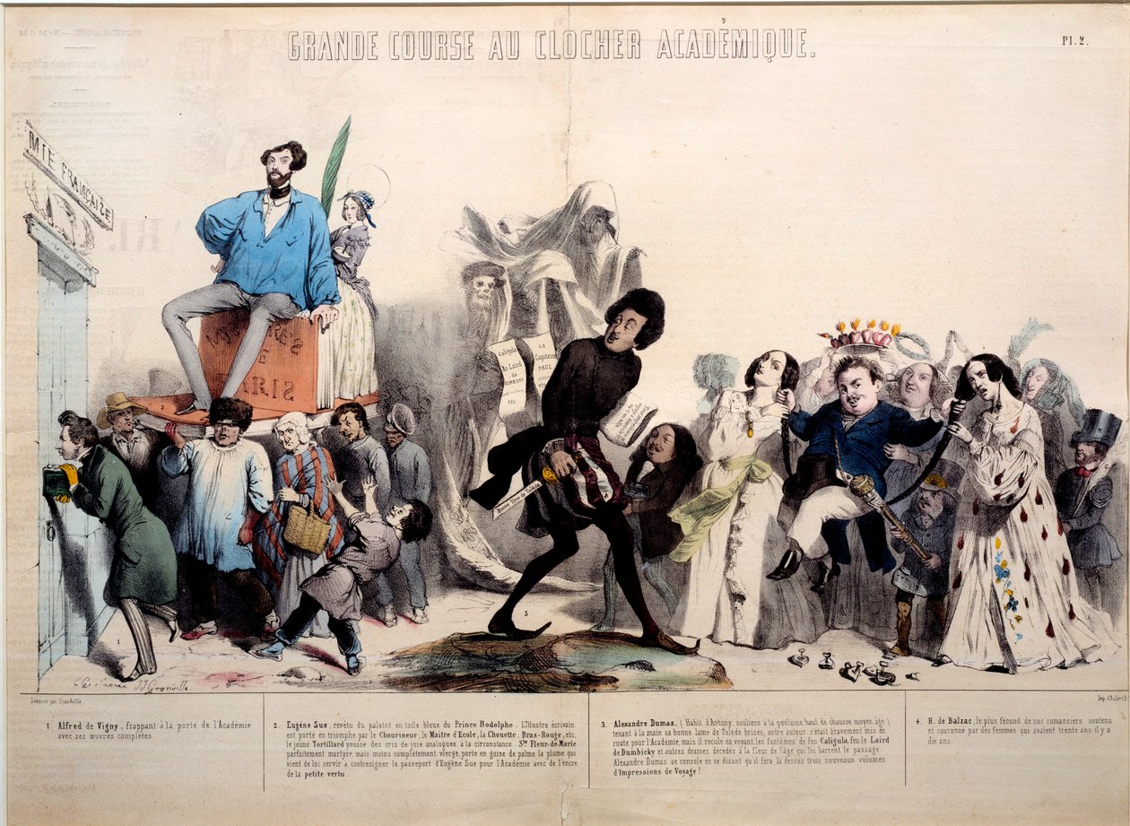 Großes Rennen zum akademischen Glockenturm. Die Schriftsteller Alfred de Vigny (1797-1863), Eugene Sue (1804-1857), Alexandre Dumas (1802-1870) und Honore de Balzac (1799-1850) sind erkennbar. Gravur von Gerard Grandville (1803-1847) von Grandville