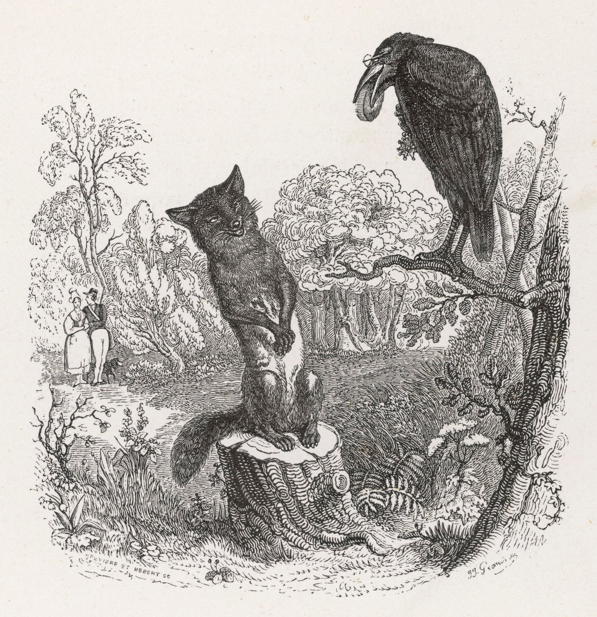 ラ・フォンテーヌの寓話：カラスとキツネ 1860年頃（エングレーヴィング） 作： グランヴィル (1803-47)