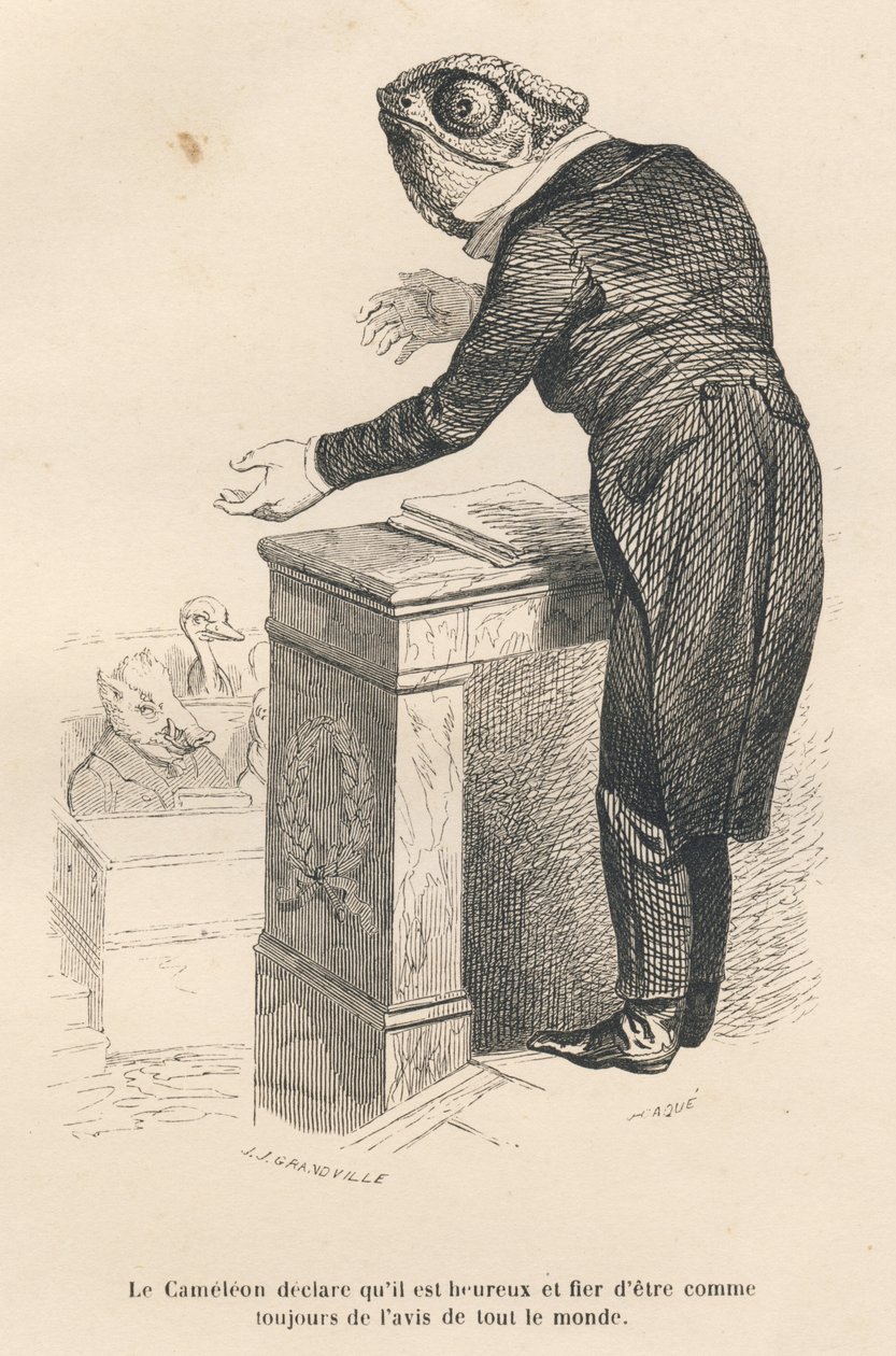 Das Chamäleon erklärt, dass es glücklich und stolz ist, immer der Meinung aller zu sein. Vignetten illustriert von JJ Granville. Gravur signiert von Caque im Prolog "Parlamentarische Zusammenfassung" geschrieben von PJ Stahl in "Szenen aus dem privaten und von Grandville