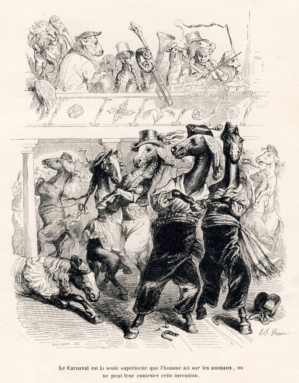 Der Karneval der Pferde. Vignetten illustriert von JJ Granville. Gravur signiert Tamisier im Teil "Voyage d