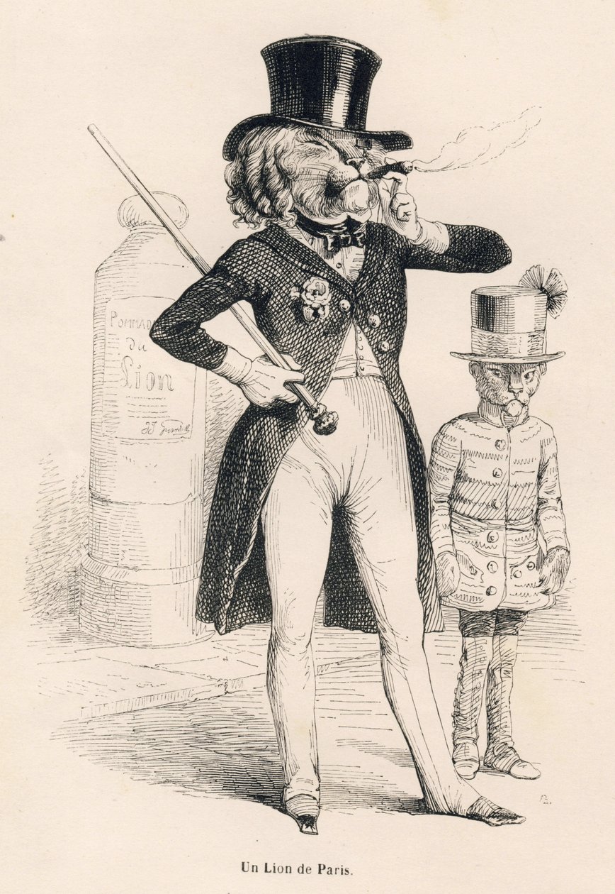 パリのライオン。JJ Granvilleによるイラスト入りのヴィネット。Honore de Balzacの "Scenes de la vie privee et publique des animaux "の中の "Voyage d