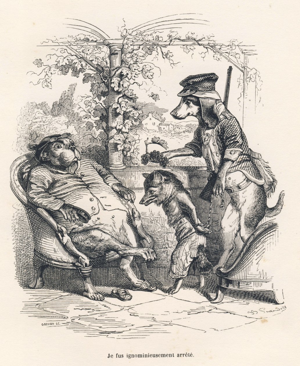 犬に止められたキツネ。JJ Granvilleが描いたヴィネット。シャルル・ノディエが "Scenes de la vie privee et publique des animaux "の中で書いた "Un renard pris au piege "という部分にゴダールのサインが入ったエングレーヴィング。パリ、J. Hetzel et Paulin 作： グランドビル