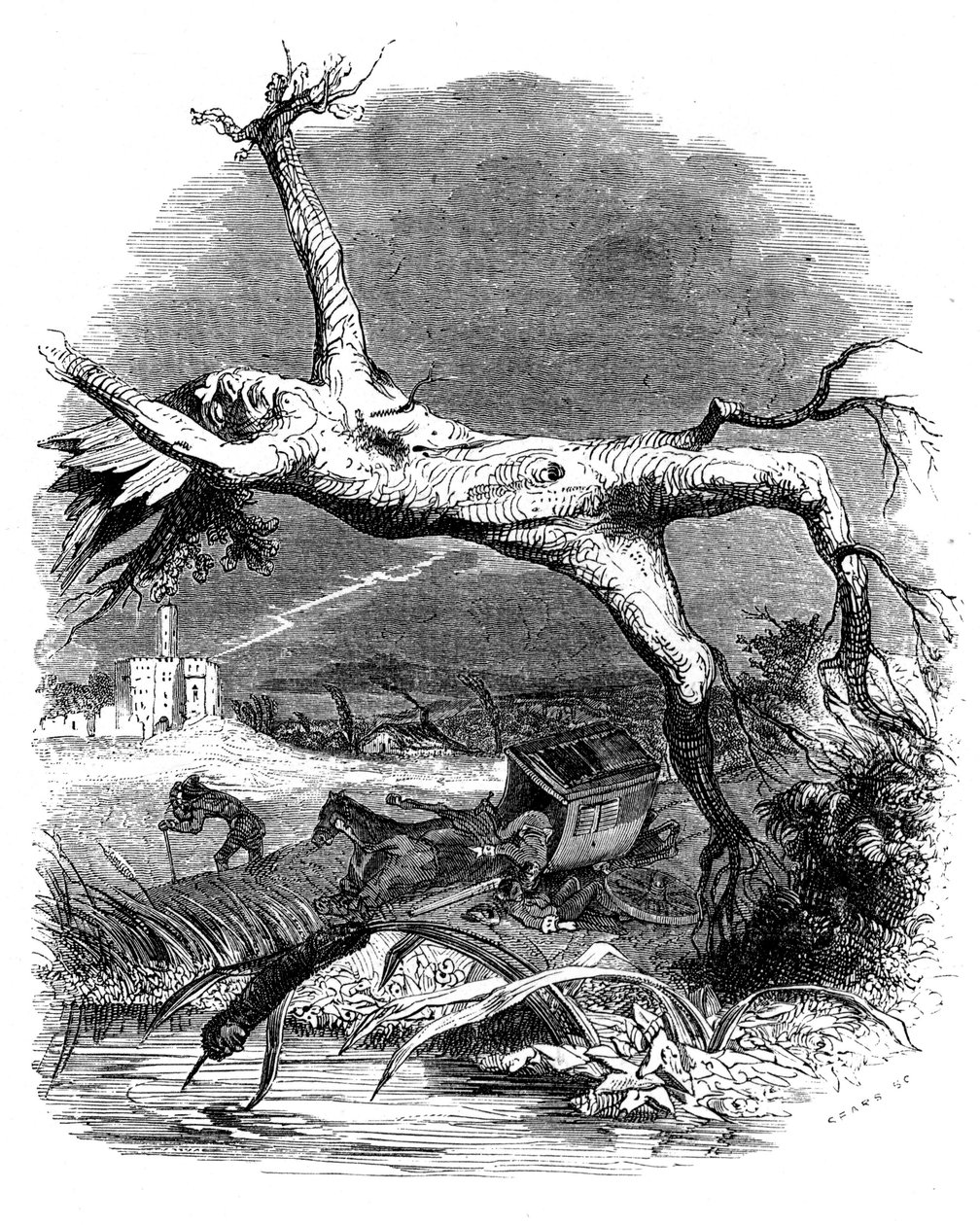 樫と葦：ラ・フォンテーヌの寓話 作： グランヴィル (1803-47)