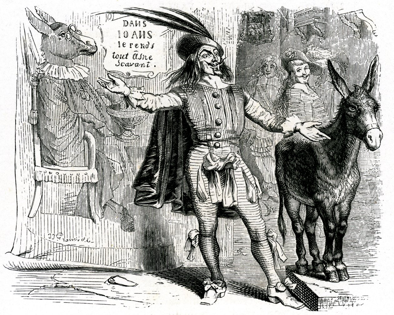 チャラ男：ラ・フォンテーヌの寓話（挿絵：グランヴィル）。1860年ガルニエ版。この船長は、すべてのロバを科学者にするのが難しい。 作： グランヴィル (1803-47)