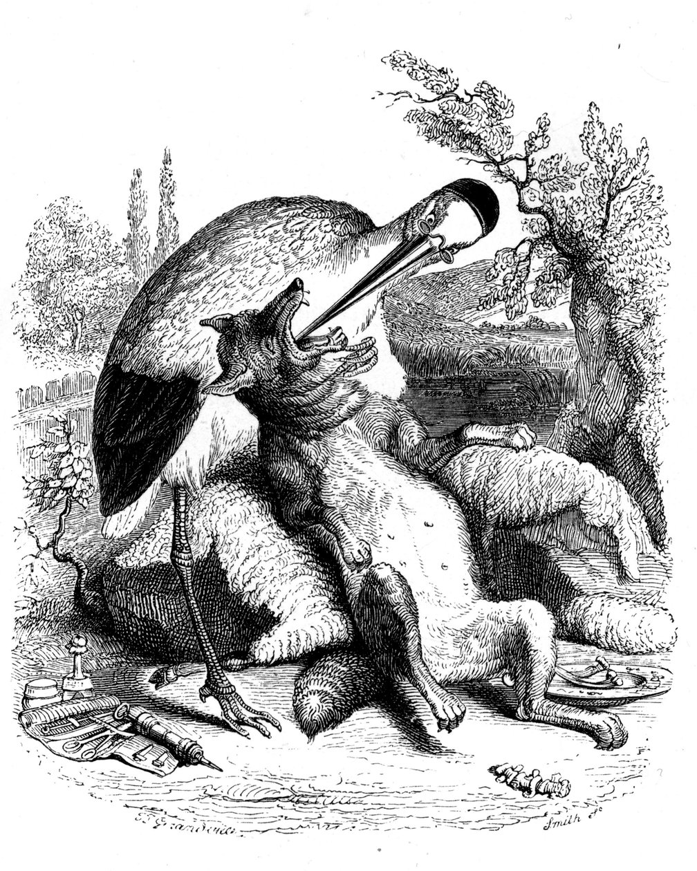 オオカミとコウノトリ：ラ・フォンテーヌの寓話（グランヴィル挿絵）。ガルニエ版1860年。コウノトリは医者として描かれている。 作： グランヴィル (1803-47)