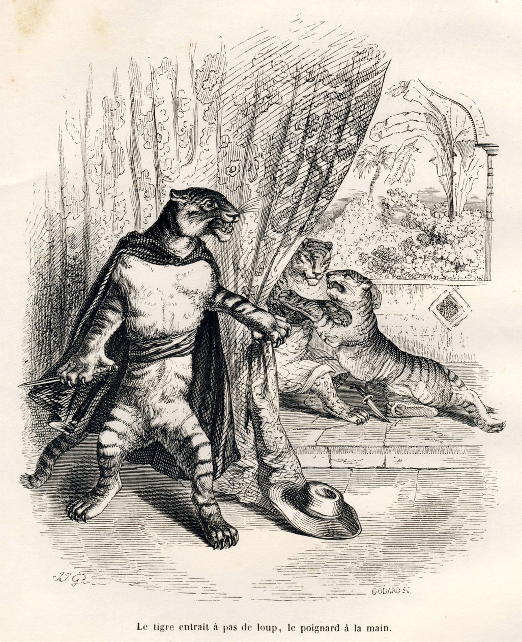 ナイフを手にしてステージに入るタイガー。JJ Granvilleが描いたヴィネット。ジュール・ジャナンが書いた「動物の私的・公的生活の情景」の中の「ピストルの第一巻」という部分にゴダールのサインが入ったエングレーヴィング。パリ、J.H 作： グランドビル