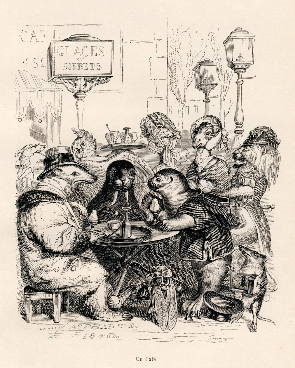 様々な動物たちが集まるカフェです。JJ Granvilleによるイラスト入りのヴィネット。Honore de Balzacの "Scenes de la vie privee et publique des animaux "の中の "Voyage d