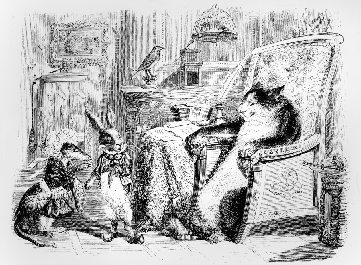 猫、イタチ、小さなウサギ、ラフォンテーヌ（1621-95）の「寓話」のイラスト、H。フルニエアイネ、1838年発行 作： グランドビル