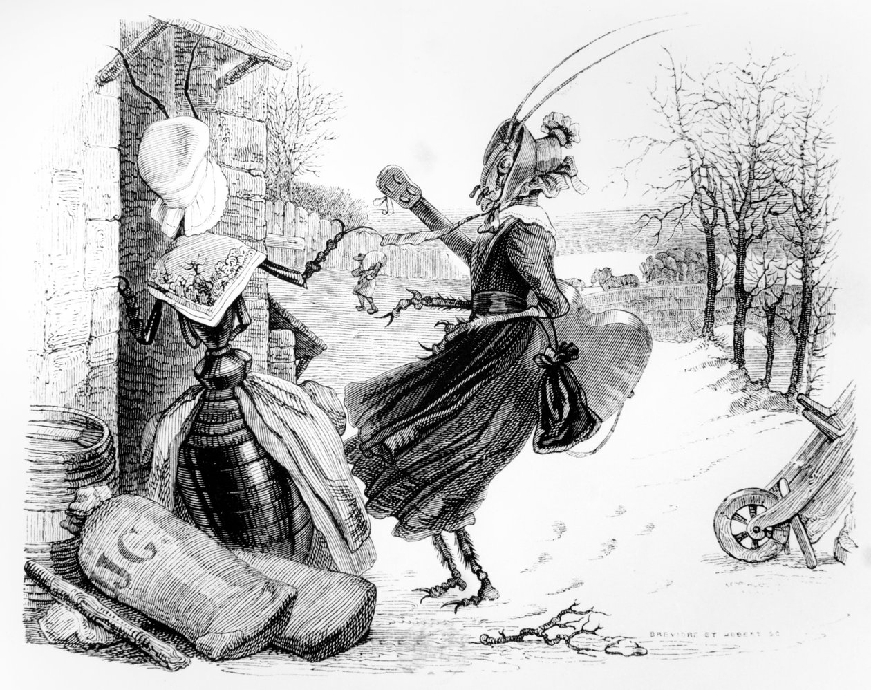 蝉と蟻、ラフォンテーヌ（1621-95）の「寓話」のイラスト、H。フルニエアイネ、1838年発行 作： グランドビル