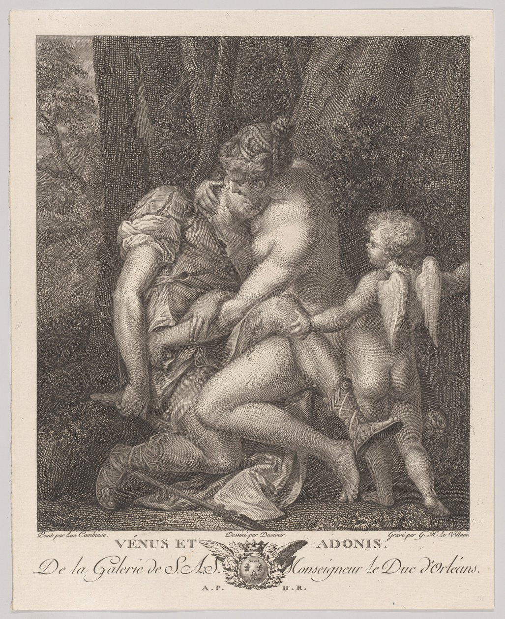 木の下に座って彼を抱きしめるアドニスを悼むヴィーナス、右側にキューピッド、c..., ca. 1786年。 作： Gerard Rene Le Vilain