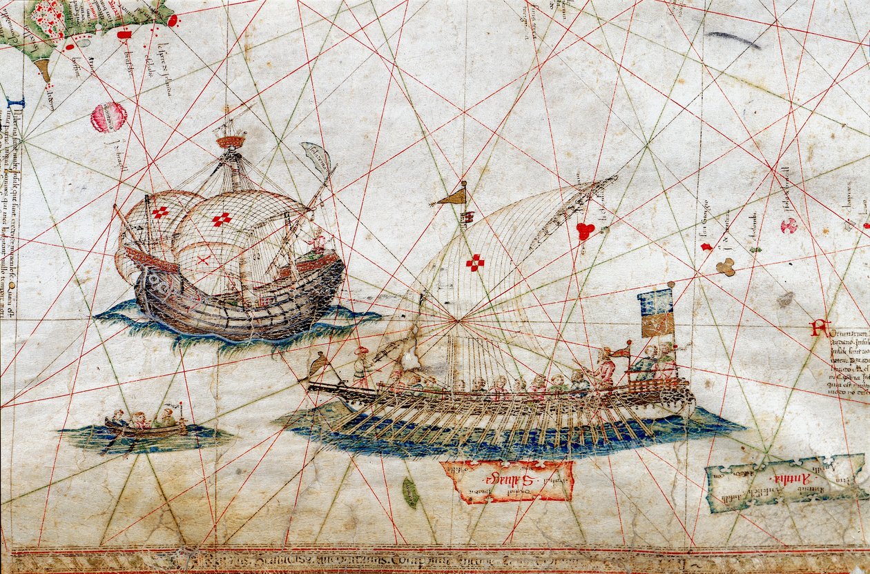 ボローニャ大学図書館のGrazioso Benincasa（Rot.3）による航海図の背の高いマスト船の詳細。 作： グラツィオーゾベニンカサ