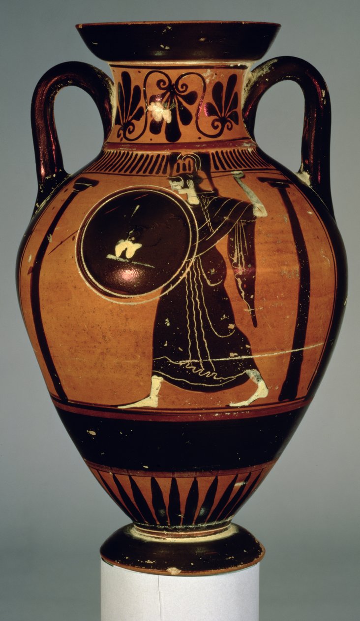 紀元前5世紀のアテナを描いた屋根裏の黒像式アンフォラ（陶器） 作： ギリシャ語