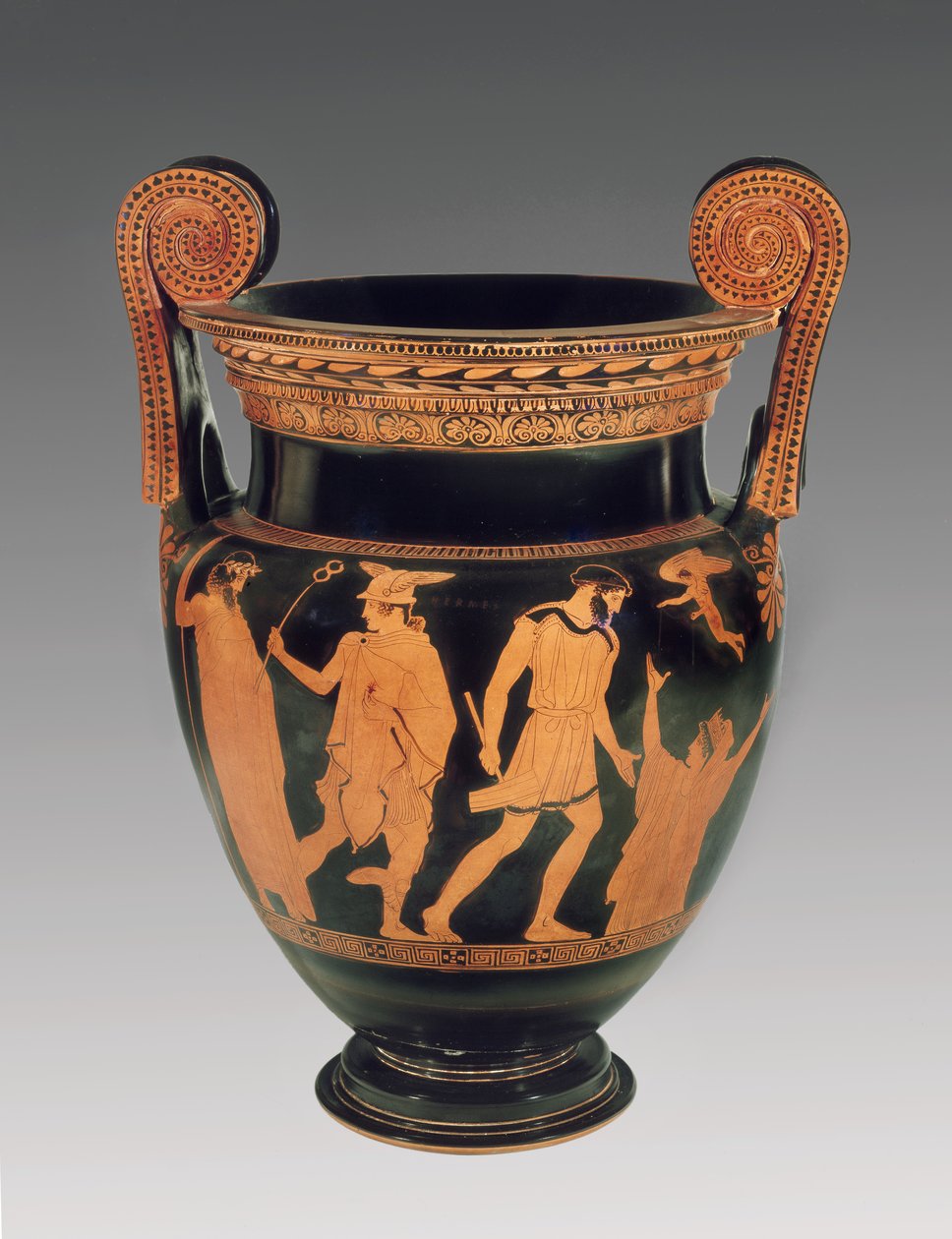 ポリグノトスのグループ（BC.450 BC）c.450 BC（セラミック）に関連して、パンドラが地面から立ち上がるシーンとエルメスが偽りの芽を持っているシーンで飾られた屋根裏の赤像渦巻クレーター 作： ギリシャ語