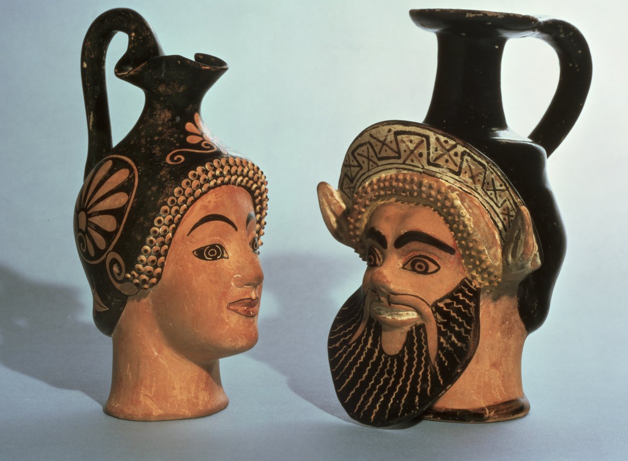 オイノコエの壺、おそらくアテネ、LtoR Maenad、オックスフォードクラスのクラスE名の花瓶とサテュール、チェアリートクラスのクラスP、紀元前500〜450年（多色陶器） 作： ギリシャ語